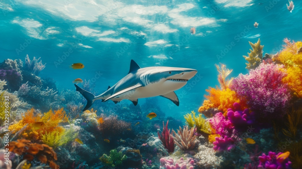 Poster an underwater scene with shark lice visible on the side of a shark swimming along a coral reef, crea
