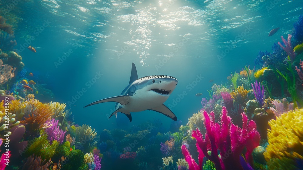 Poster an underwater scene with shark lice visible on the side of a shark swimming along a coral reef, crea