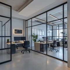 A modern workspace characterized by a sleek, minimalist design. The office showcases clean lines and an open layout, with glass partitions that create a sense of space and transparency. 