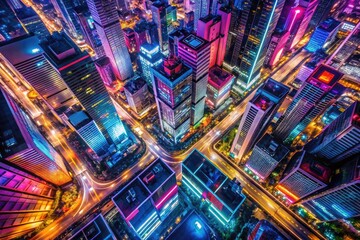 Obraz premium Abstract drone photography: a vibrant, neon cityscape shimmers from above.