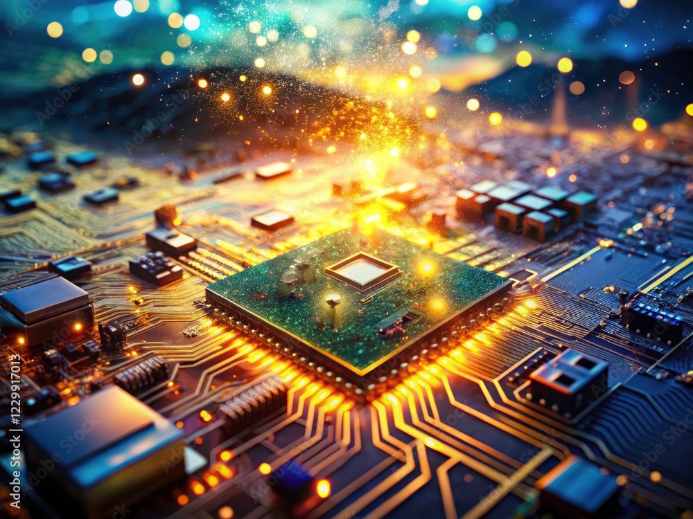 Poster abstract fusion of circuitry and radiant light; a double exposure showcasing microchip technology.