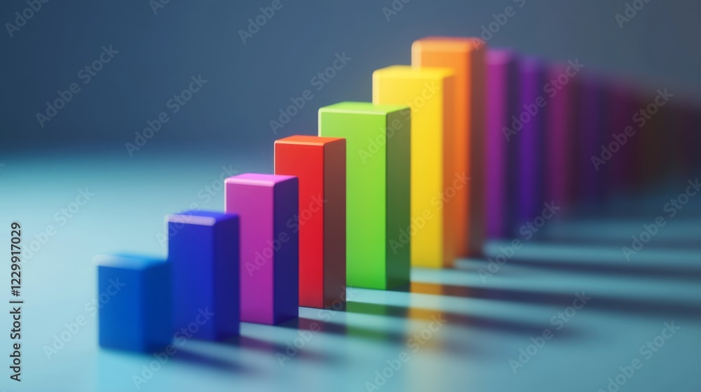 Poster array of rainbow-colored d bars in a row, gradually increasing in height, with smooth shadows and re