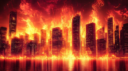 Vibrant Glowing City Skyline Engulfed in Flames During a Dramatic Sunset. Generative AI