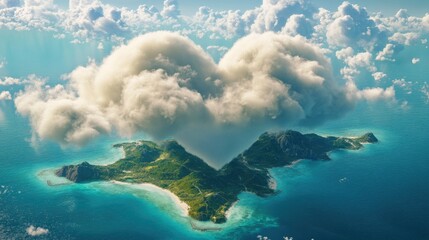 Naklejka premium A giant fluffy heart cloud appearing above a breathtaking tropical island.