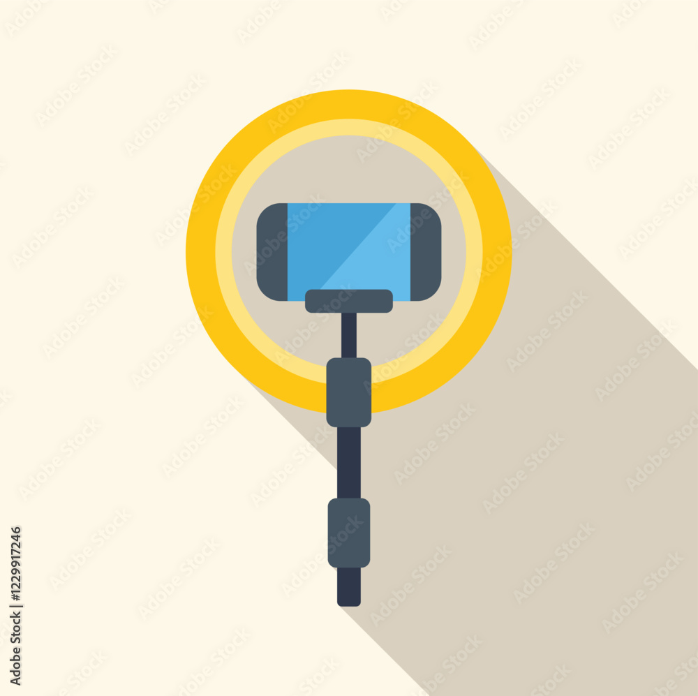 Poster smartphone is streaming with ring light on a tripod, creating a long shadow, ideal for capturing hig