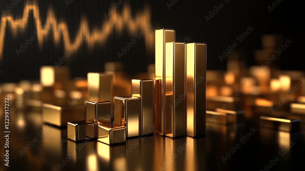Poster a d bar chart with gold bars of different heights on a reflective black surface, symbolizing rising 