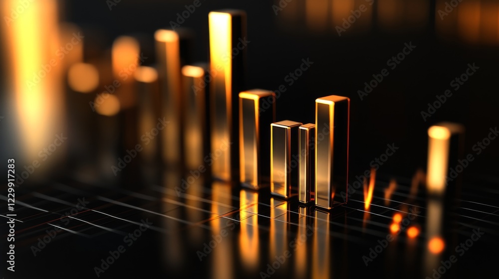 Poster a d bar chart with gold bars of different heights on a reflective black surface, symbolizing rising 