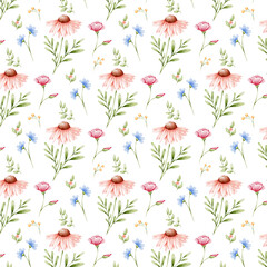 Seamless watercolor floral pattern with different wild flowers. Print for wallpaper, cards, fabric, wrapping paper, backgrounds, textures	
