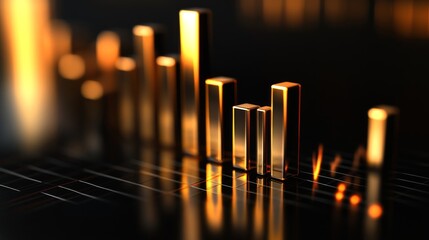A D bar chart with gold bars of different heights on a reflective black surface, symbolizing rising gold prices, with bright lighting effects