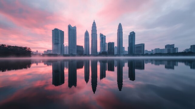 A skyline view of a modern city reflected in a calm river.