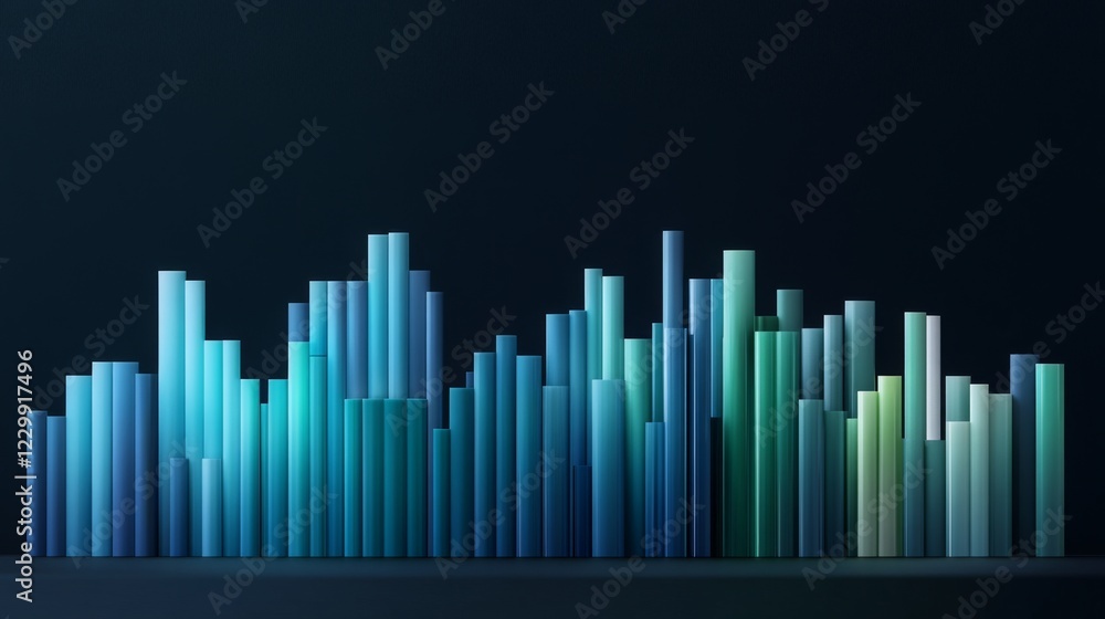 Poster a d bar graph in cool blues and greens on a dark background with soft lighting from above, creating 