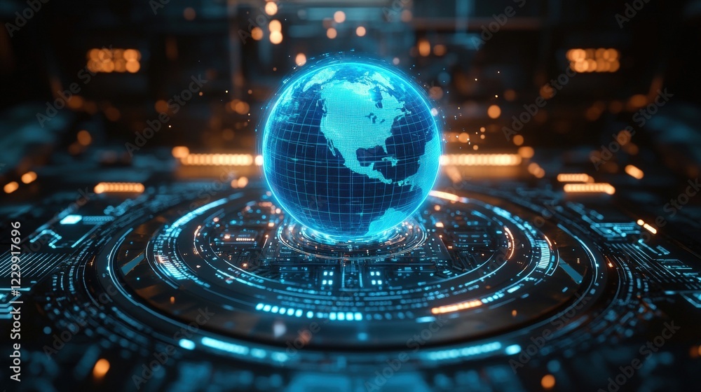 Poster globe positioned on top of a computer processor representing global technology and connectivity