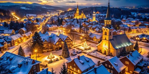 Fototapeta premium Aerial View of Churches Glowing with Christmas Lights at Night