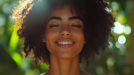A person laughing while practicing mindfulness in a serene environment, promoting laughter as a tool for well-being, 8K high resolution with copy space
