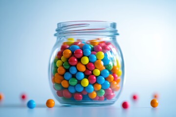 Colorful gumballs in a glass jar on a simple background create a vibrant display of sweets and fun