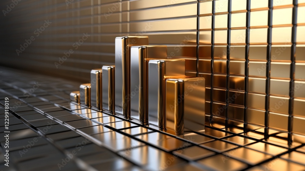 Leinwandbilder A D bar graph with gold and silver bars illustrating financial performance, displayed on a reflective surface with soft shadows for a luxurious look