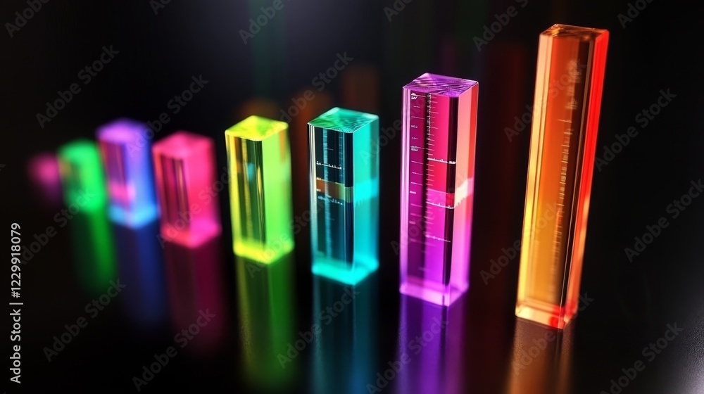 Poster a d bar graph with colorful transparent bars of different heights on a reflective dark background, c