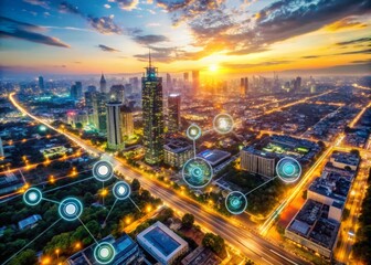 Fototapeta premium Aerial View of Cityscape with Customizable Image Editing Interface Elements