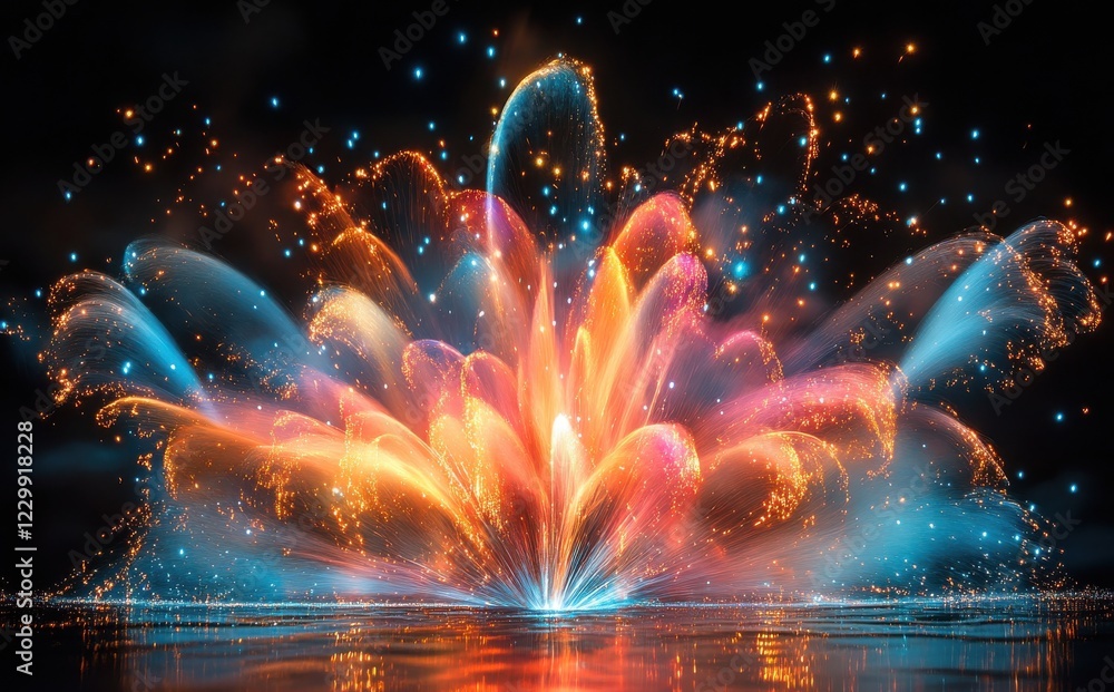 Poster vibrant explosion of colorful light display with fireworks and sparkling particles reflecting on wat