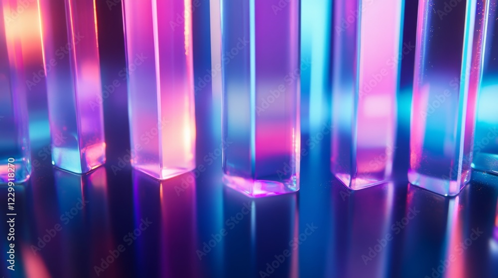 Poster a d bar graph with tall, transparent bars in shades of blue and purple, set on a reflective surface 