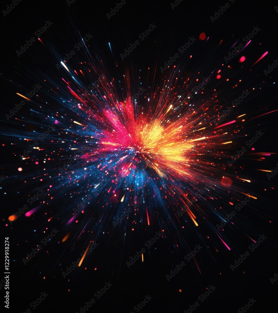 Poster vibrant explosion of colorful light particles against a dark background creating a dynamic and capti