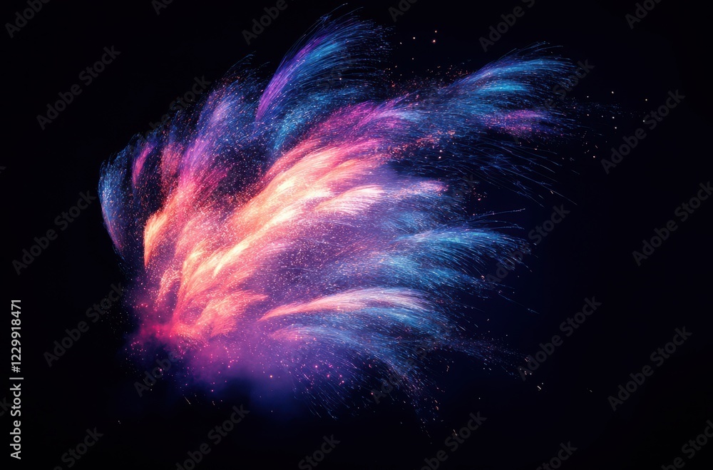 Poster Vibrant Explosion of Colorful Particles Against a Dark Background Creating a Dynamic, Ethereal Scene Full of Energy and Motion