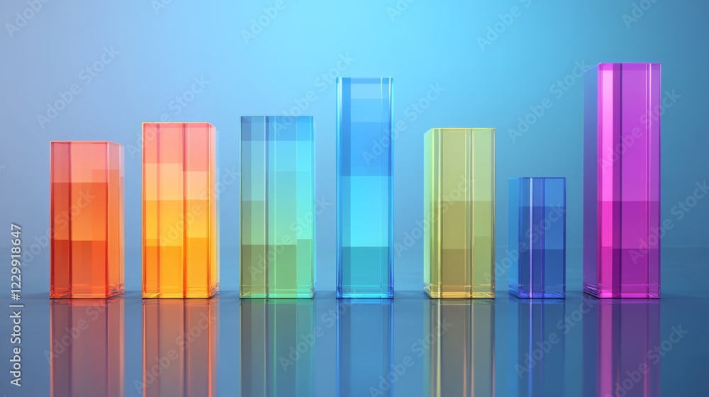 Aufkleber a d bar graph with vibrant, semi-transparent bars of varying heights on a gradient blue background, 