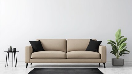 Beige Sofa with Black Pillows in Minimalist Living Room