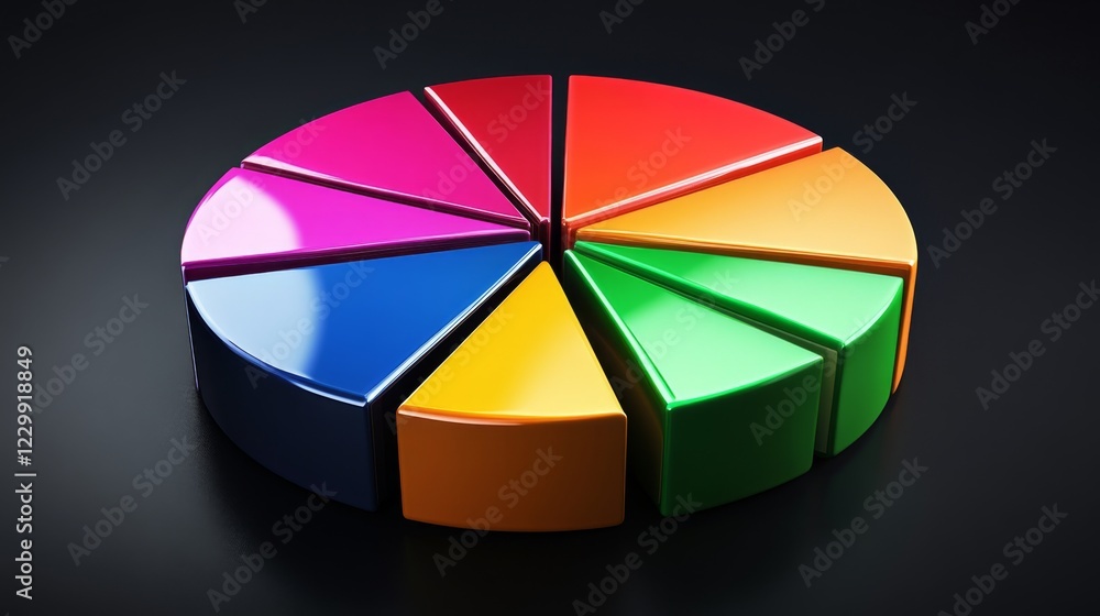 Poster a d financial pie chart with metallic segments, casting shadows on a dark background, creating a mod