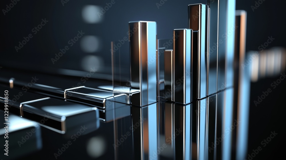 Poster A D financial bar graph with metallic bars, representing revenue comparison between different companies, placed on a reflective surface with a sleek black background.