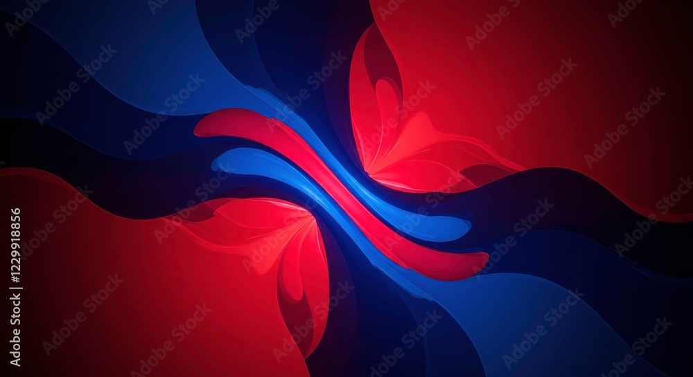 Poster Crimson and Azure Swirl: An abstract artwork featuring a dynamic interplay of deep crimson and vibrant azure, creating a mesmerizing swirling pattern of contrasting colors and fluid forms.