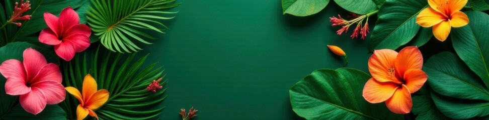 Tropical foliage with colorful flowers and leaves on a green background, garden scene, plants, flower power