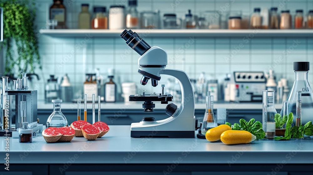 Aufkleber microscope set up on counter with assorted food items for scientific examination and analysis