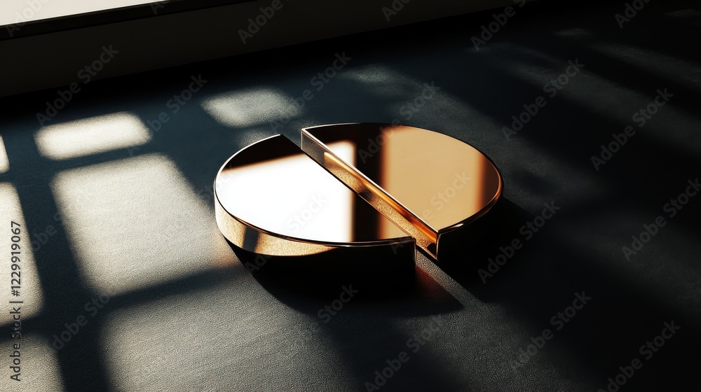 Poster A D financial pie chart with metallic segments, casting shadows on a dark background, creating a modern, professional data visualization