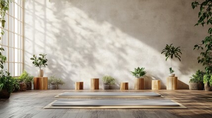 Sunlit yoga studio interior with mats and plants.