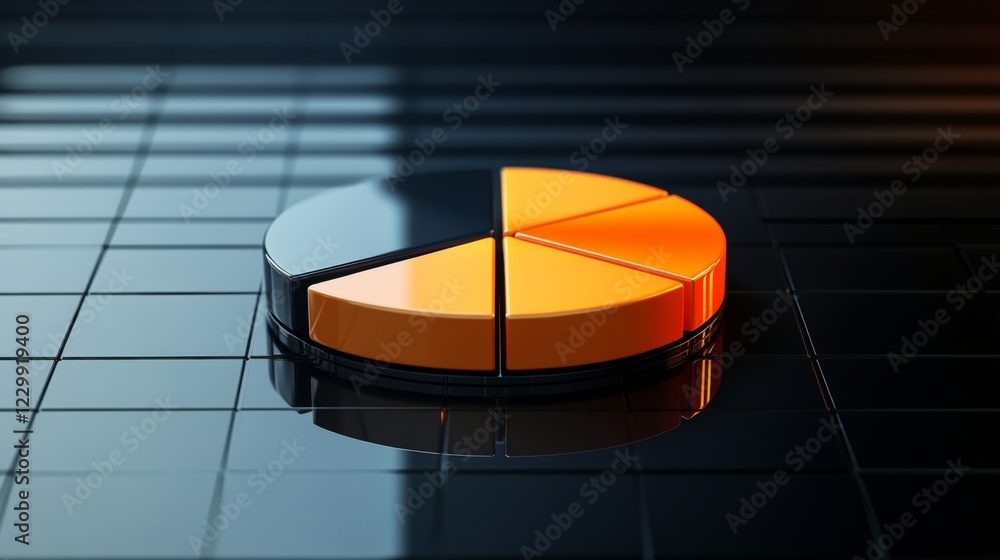 Fototapete a d pie chart in warm and cool tones, floating slightly above a reflective black surface, creating a