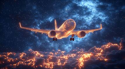 Stunning wireframe airplane soaring through a vibrant night sky above fiery clouds.  Perfect for concepts of travel, technology, innovation, and futuristic design.