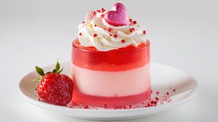 A Valentine jelly dessert in layers of pink and red, topped with whipped cream and edible glitter, on a clean white background