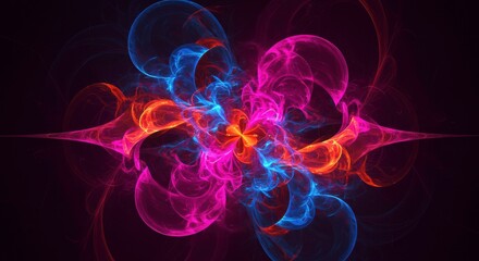 Fototapeta premium Cosmic Dance of Light: A mesmerizing fractal pattern unfolds in a symphony of vibrant pink and blue hues, against a backdrop of deep, rich black. The ethereal forms dance and intertwine.