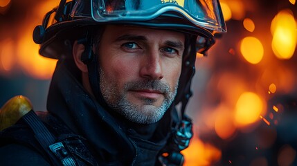 A firefighter in uniform, representing the dedication and sacrifices made by first responders, 8K high resolution with copy space