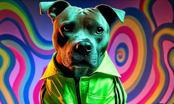 A striking dog poses confidently in a bright green jacket, surrounded by a colorful, swirling backdrop that creates an eye-catching, playful atmosphere full of energy and life
