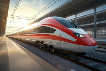 Fototapeta premium A bright red and white train is currently traveling through a tunnel