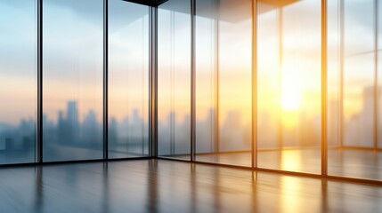Fototapeta premium A modern interior with floor-to-ceiling glass windows showcasing a stunning sunset over a city skyline.