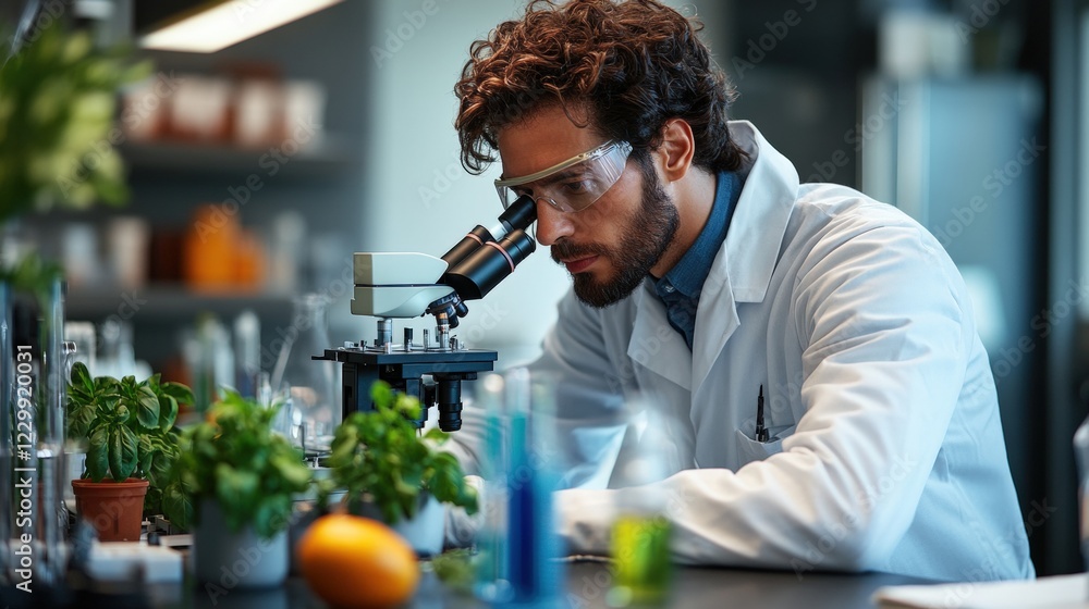 Poster man in lab coat examining samples with microscope in scientific research laboratory