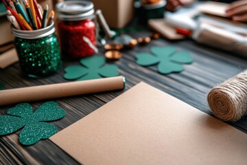 Fototapeta premium A creative workspace filled with vibrant crafting supplies, such as shamrocks and decorative items, showcasing the joy and spirit of festive activities or crafts.