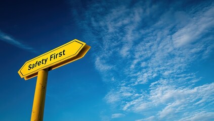 Yellow safety first sign against blue sky. (1)