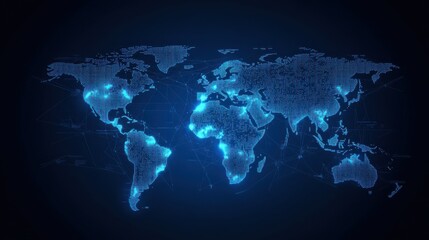 Fototapeta premium Digital World Map with Blue Highlights on Dark Background