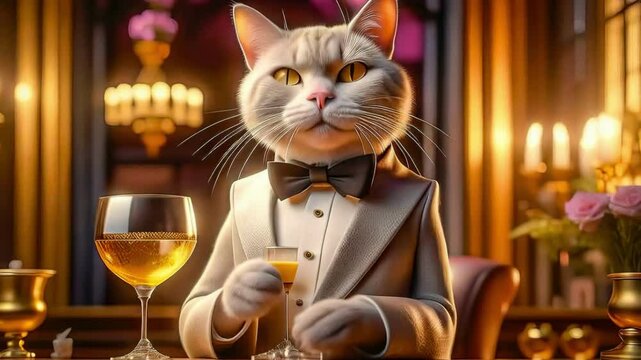 Gorgeous cat in a beautiful interior with a glass of wine. Romance and congratulations