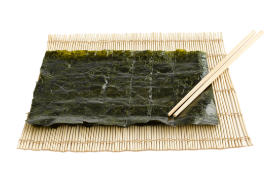 sushi rolling mat with nori sheet isolated on transparent white background