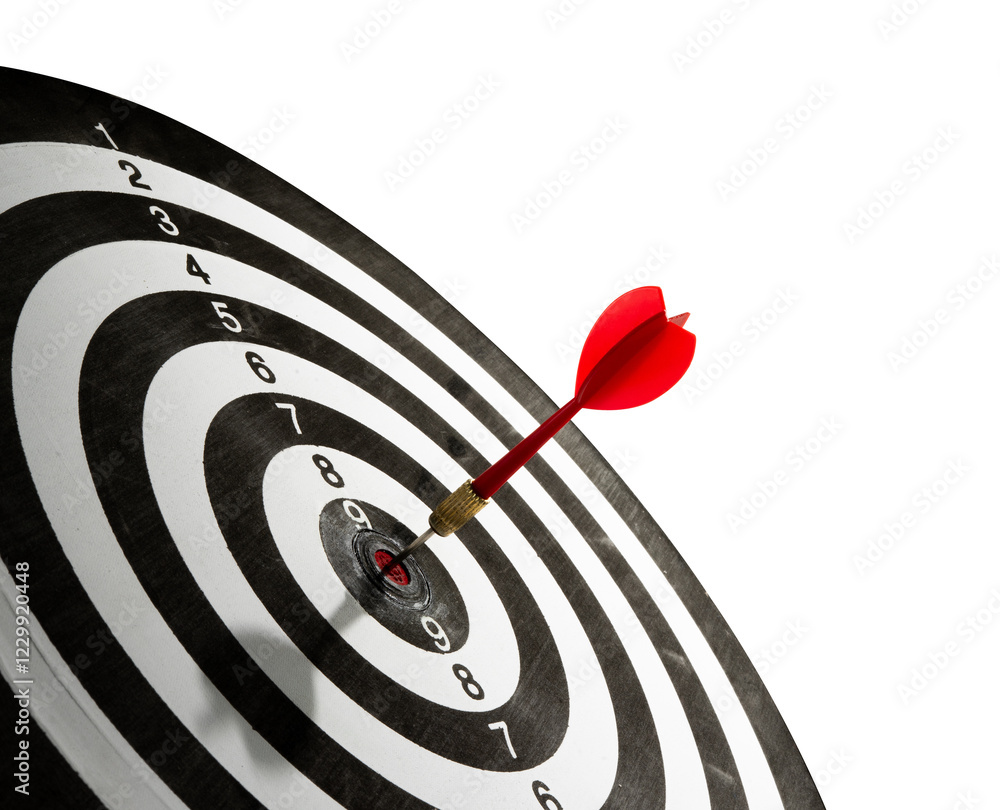 Poster red dart hit into dartboard isolated